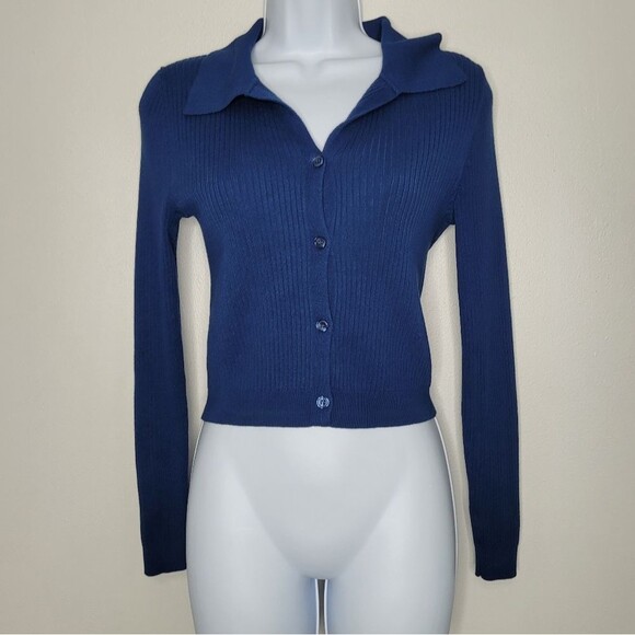 Pink Rose blue ribbed button front long sleeve preppy old money sweater Med NWT - Picture 1 of 7